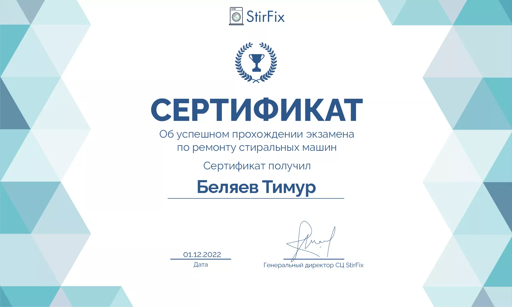 Беляев Тимур сертификат мастера по ремонту стиральных машин