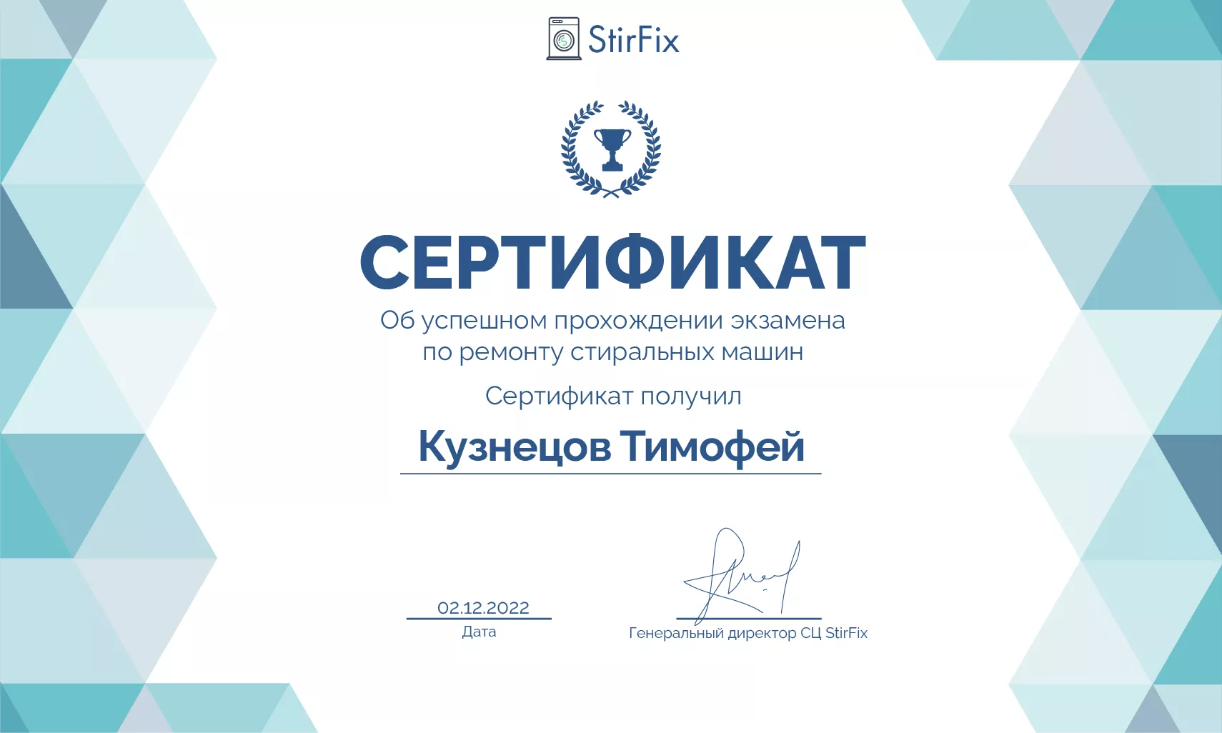 Кузнецов Тимофей сертификат мастера по ремонту стиральных машин