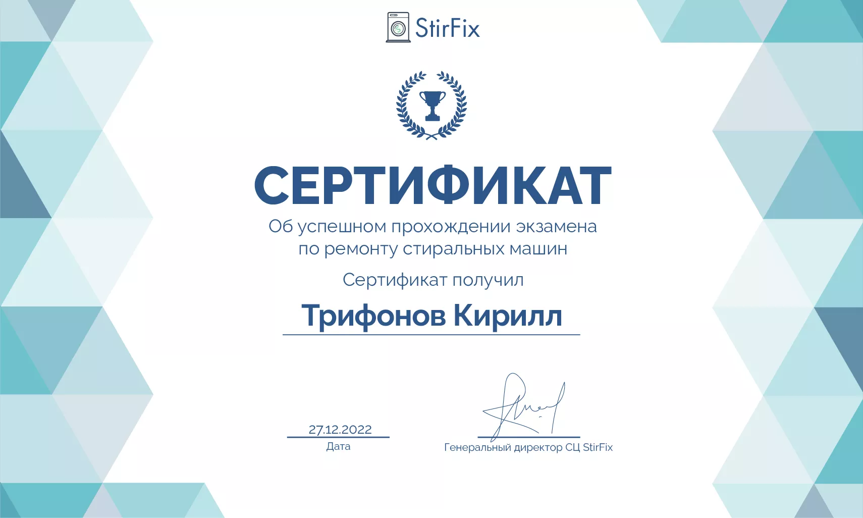 Трифонов Кирилл сертификат мастера по ремонту стиральных машин